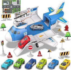 kramow Avion Juguete, Juguetes Niños Niño 3 años, 21 Piezas Coche de Juguete con Mapa y Señales de Tráfico, Camión Transportador Aviones, Educativos Regalo para Niños Niñas 3 4 5 6 7 + años