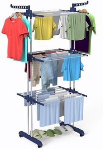 Bigzzia Clothes Drying Rack, 67.7 Inch Laundry Drying Rack with Foldable Base, 4 Tier Stainless Steel Drying Rack Clothing, Movable Laundry Rack for Indoor Outdoor-Blue