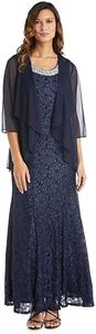 R&M Richards Petite Women Shimmering Lace Fishtail Evening Jacket Dress - Navy / 10P