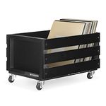 Navaris Wood Record Crate with Wheels - Vinyl Album Storage Holder Box Wooden Case with Chalkboard Sign Board - Holds up to 80 LP Records - Black