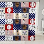 Manfei Plaid Shower Curtains Baseball Sports Theme Bathroom Curtains for Kids Boys Teens Baseball Bat Gloves Print Waterproof Bath Curtains with 12 Hooks Suits for Bathtub, 72" W x 84" L