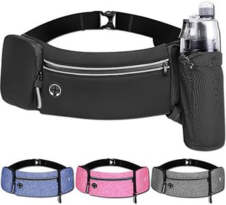 Running Belt Waist Bag with Water Bottle Holder, Men/Women Bum Bag for Running, Travel, Hiking, Cycling, Fanny Pack Fits Large Phone with Reflective Strips (Black)