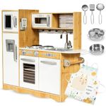 Mamabrum Baby Toys Play Kitchen with LED Lightning System, Wooden Kids Toys, Role Play Kitchen Accessories Included Pretend Play Toy Kitchen for Kids Little Chef Kitchen Playset, Natural Wood