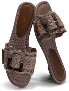 Coutgo Womens Flat Sandals Raffia Slip On Slide Sandal Square Open Toe Buckle Summer Beach Shoes Flats, Coffee, Size 9