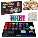 AVEDIA Face and Body Paint Kit for Kids: 20 Color Water-Based Non Toxic Palette, 3 Glitters, 2 Hair Chalk Combs, 2 Paint Brushes, 32 Stencils, Ideal, Tattoo Sheets for Parties, Halloween Makeup