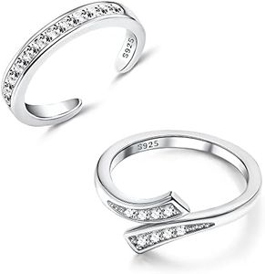 MILACOLATO 2Pcs Sterling Silver Toe Rings Set Cubic Zirconia Adjustable Band Rings Fitted Wrap Around Toe Ring for Women Summer Barefoot Jewelry, Sterling Silver, Cubic Zirconia