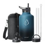 BUZIO Sports Water Bottle 64oz with Straw Lids, Half Gallon Vacuum Insulated Stainless Steel Water Flask Jug, Modern Double Walled Simple Thermo Mug, Hot Cold Standard Hydro Metal Canteen, Blue Black