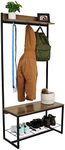 Sunnydaze 67-Inch H Industrial-Style Hall Tree with Coat Rack, Shoe Bench - Wood Look with Powder-Coated Steel Frame - Brown