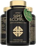 Vitamin B Complex High Strength - Slow Release Super B Complex 60 Tablets - Enriched with Vitamins D & C - Complete Vit B Supplement All 8 Vitamin B12, B6, Folic Acid, Biotin, B1, B2, B3, B5 - UK Made