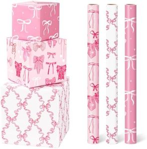 WERNNSAI Pink Bow Wrapping Papers - 3 Rolls 17” x 120” Princess Bow Wrapping Paper for Girls Women Birthday Gift Packing Supplies Wedding Baby Shower Graduation Party Decor Favor