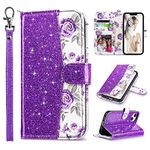 ULAK Compatible with iPhone 13 Wallet Case for Women, Premium PU Leather Flip Cover with Card Holder and Kickstand Feature Protective Phone Case Designed for iPhone 13 6.1 inch, Glitter Violet