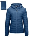 Outdoor Ventures Womens Winter Lightweight Puffer Jacket with Hood Warm Short Packable Quilted Jacket Transitional Padded Down Jacket for Ladies Lined for Hiking Travel, Navy Blue XL