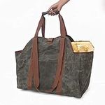 Waxed Canvas Log Tote Bag, Indoor Fireplace Firewood Totes Holders, Round Woodpile Rack Fire Wood Carriers, Carrying for Tubular Stand by Hearth Stove Tools Set Basket