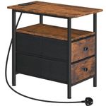 HOOBRO Narrow Bedside Table with Charging Station, with 2 Non-Woven Drawers, Slim Side Table with USB Ports and Power Outlets, Narrow Side Table for Small Spaces, Rustic Brown and Black EBF486KBZ01