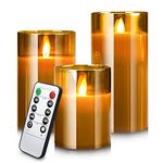 YMing LED Flameless Candles, Real Wax Moving Effect Flickering Glass Candles Set, Pillar Battery Operated Candles with Timer Remote,4" 5" 6" Pack of 3