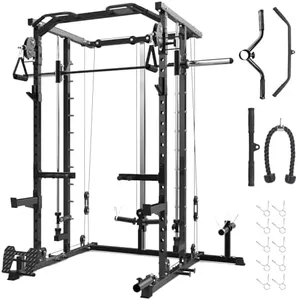 GarveeLife Smith Machine Squat Rack, Heavy Duty Strength Training Power Cage with Pulley System, Dip Bar, LAT Pulldown, Multifunctional Workout Machine for Home Gym, Studio, Black
