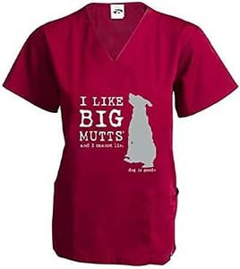 Dog is Good Scrub Top I Like Big Mutts - Relaxed Fit, Pockets, Gift for Dog & Cat Lovers, Veterinarians, Vet Techs, Nurses Wine