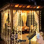 XZAI Solar Curtain Lights, 300 LED Outdoor Waterfall String Lights with USB Rechargeable, IP67 Waterproof, with Remote, 8 Modes, Timer, Fairy Lights Curtain