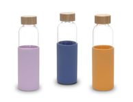UMAI Borosilicate Glass Water Bottle with Sleeve 550ml | Non Slip Silicon Sleeve & Bamboo Lid | Fridge Water Bottle for Home & Office (Purple-Yellow-Blue, Pack of 3)
