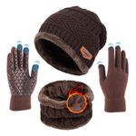 3 in 1 Hat Scarf Gloves Set Men Women Cold Weather Sets Fleece Lined Beanie Neck Warmer Touch Screen Gloves, Winter Hat Thermal Gloves Circle Loop Infinity Scarf(Anti-slip Palm, Brown)