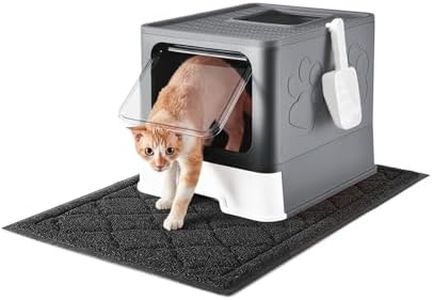 Medario Cat Litter Box with X-Large Litter Mat and Scoop, Large Foldable Litter Box with Lid, Enclosed Kitty Box,Front Top Entry Exit, Odor Control Easy to Clean (Upgrade Dark Grey)