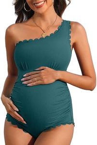 Charmo Maternity Bathing Suit Pregnancy Swimsuits Swimwear for Women One Piece One Shoulder Scalloped Ribbed Swim Suit Full Coverage Seagreen S