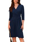 GRACE KARIN Wedding Guest Dress for Women 2024 Fall 3/4 Sleeve Faux Wrap A Line Flowy DressTeacher Outfits Navy Blue XL