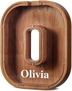 Summidate Customized Name Extra Large Wooden Piggy Bank for Kids Boys Girls Alphabets Letter A-Z Coins Bills Money Change Saving Box Clear Cover (Laser Engraved) Educational Toys 12"- Letter O