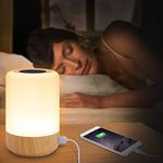 Taipow Bedside Table Lamp with 4 USB Charging Port, 3 Light Modes & 8 Colors, Brightness Adjustable Desk Lamp for Reading Working Sleeping, Touch Night Light Lamps for Bedrooms, Office - Wood Color