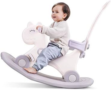 LLparty 4 in 1 Rocking Horse for Toddlers 1-3 Years Old, Baby Rocking Toy Fun Birthday Gift for 1+ Kids, Ride on Toy with Detachable Balance Board and Footrest，Balance Bike with Push Handle，White