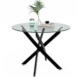 GOLDFAN Small Round Glass Dining Table Modern Kitchen Table with Black Metal Legs for Dining Room, Black/80cm (Table Only)