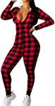 Ekouaer Halloween Onesie Women Sexy Pajamas Zipper Christmas One Piece Bodycon Outfit Jumpsuit Costume XL Plaid Print