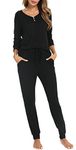 Vlazom Pyjamas Set for Women, Soft Two Pieces Pjs Sets Long Sleeve Button Down Tops and Pants Sleepwear with Pockets,A-Black,L