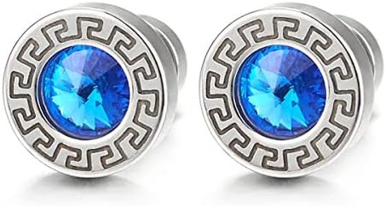 Pendientes de Hombre Mujer, Acero Aretes con 5MM Azul Circonita y Modelo Dominante Griego, Cierre Tornillo, 2 piezas