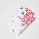 HOMESCAPES Pack of 2 100% Portuguese Cotton White Floral Face Cloth Flannel Pink, Green and Pastel Blue Design