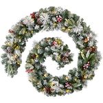 WeRChristmas Extra Thick Pre-Lit Mixed Pine Snow Flocked Garland with Cones and Berries with 80-LED, White/Green, 9 feet