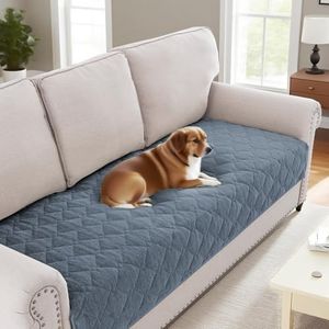 Smarcute Sofa Cover Couch Covers Chenille Fuzzy Soft Sofa Slipcovers for 4 Cushion Couch Anti-Slip Washable Slipcover with Strap Furniture Protector Cover for Pet Dog Cat Kid(91cm x 208cm, Stone Blue)