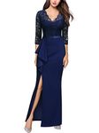 MISSMAY Women's Vintage Floral Lace Ruffle 3/4 Sleeves Evening Party Formal Long Dress (Large, Navy Blue)