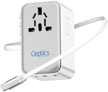 Ceptics 5 in 1 International Travel Adapter with PD 45W Retractable USB-C Cable 65cm, 2X USB-A 2.4A, 1x USB-C 3A, Travel Adapter Worldwide for Laptop, Phones and Cameras for US, EU, UK, UP-45WC-WH