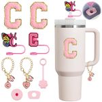 XIANGYUAN 9pcs Cup Accessories Set,Straw Cover Cap for Stanley Cup 30oz/40oz,Sticker for Stanley Decorations,Initial Letter Charm Personalized (Pink Letter C)