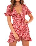 Relipop Women's Dresses Floral Print Deep V Neck Short Sleeve Wrap Tie Waist Ruffle Short Casual Summer Dress, Red, Large