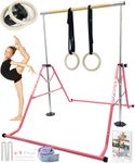 YOUTIFUN Fiberglass Gymnastics Bar, Kids Gym Equipment 5 Level Height Adjustable Pull Up Horizontal Gymnastic Bar, Gymnastics Equipment for Home for Girls & Boys, 3 to 12 years old (Wood Rings)