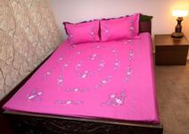 Arsha Chikankari Pure Cotton Bedsheet for Double Bed with Pillow Covers Set (Barbie Pink)