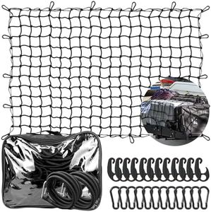 JAGASOL Cargo Net for Pickup Truck Bed 4' x 6' Stretches to 12' x 18' Heavy Duty Latex Bungee Net 4”x4”Small Mesh 24 Pieces Universal Hook and Storage Bag Compatible with Dodge Ram, Chevy Ford, Toyota