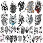 30 Sheets Large Dragon Wolf Temporary Tattoos for Men Women Realistic Dragon Wolf Temporary Tattoo Stickers for Adults 3D Fake Wolves Animals Tatoos