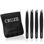 CRUZE Tweezers Set of 4 Precision Tweezers for Facial Hair Women and Men – Eyebrow Tweezers, Eyelash Tweezers, Slanted and Pointed Tip for Ingrown Hair, Tweezers Professionals with Firm Hair Grip.