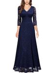 MISSMAY Women's Formal Floral Lace 2/3 Sleeves Bridesmaid Party Maxi Dress, Navy Blue, X-Large