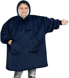 PAVILIA Wearable Blanket Sweatshirt for Kids Boy Girl, Warm Cozy Giant Hoodie with Two Pockets and Long Sleeves, Fleece Sherpa Oversized Hooded Blanket Pullover Gift for Teens Youths, Navy