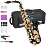 EastRock Students Beginners Alto Saxophone Black Laquer Gold Key E Flat with Hard Case,Mouthpiece,Mouthpiece Cushion Pads,Cleaning Cloth&Cleaning Rod,White Gloves,Alcohol Pads,Strap