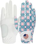 Womens Golf Glove with Ball Marker Rain Left Right Hand Leather Printed Pack, Ladies Golf Gloves All Weather Grip Breathable Soft Size Small Medium Large XL (Colorful, Medium-Worn on Right Hand)